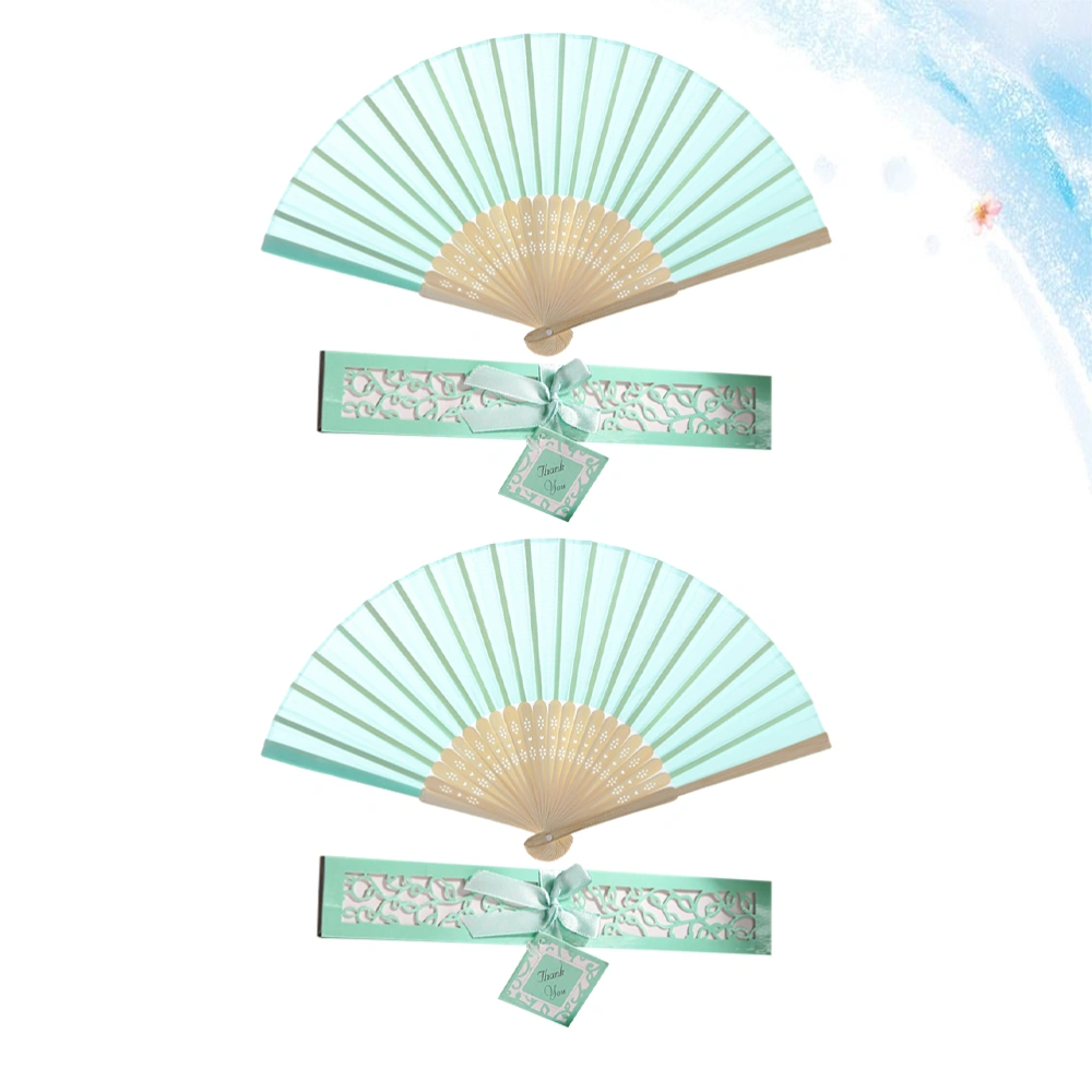 2pcs Classic Folding Fans Delicate Chinese Style Fan Bamboo Framework Fan with Box for Women (Green)