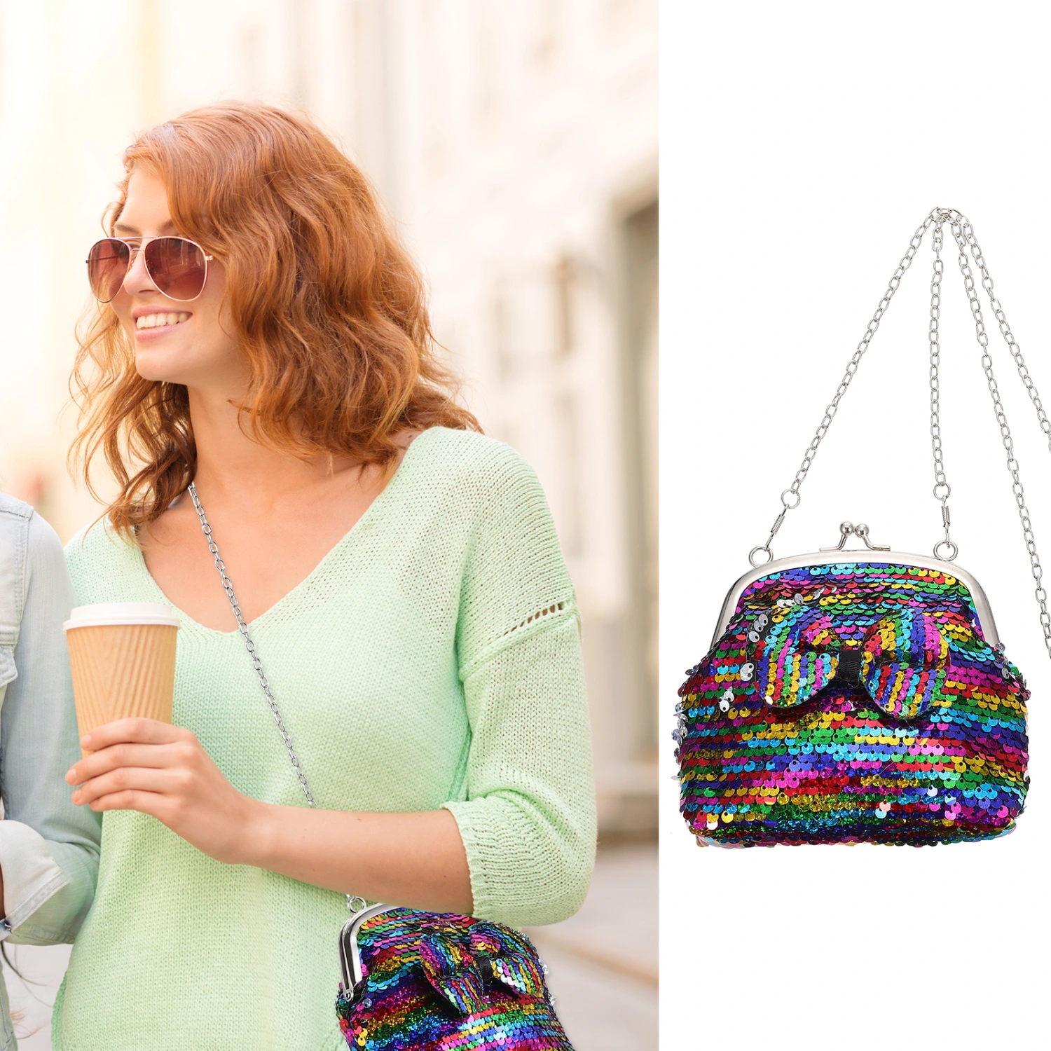 1Pc Glitter Coin Purse Bowknot Design Bag Single Shoulder Bag Colored Storage Pouch