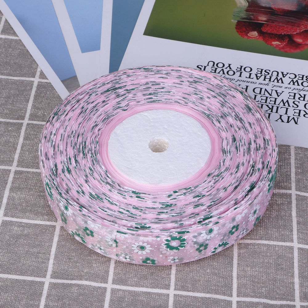 100 Yards 2.5CM Daisy Printed Ribbon Organza Ribbon Festival Gift Packing Ribbon DIY Accessories (Green Pink)