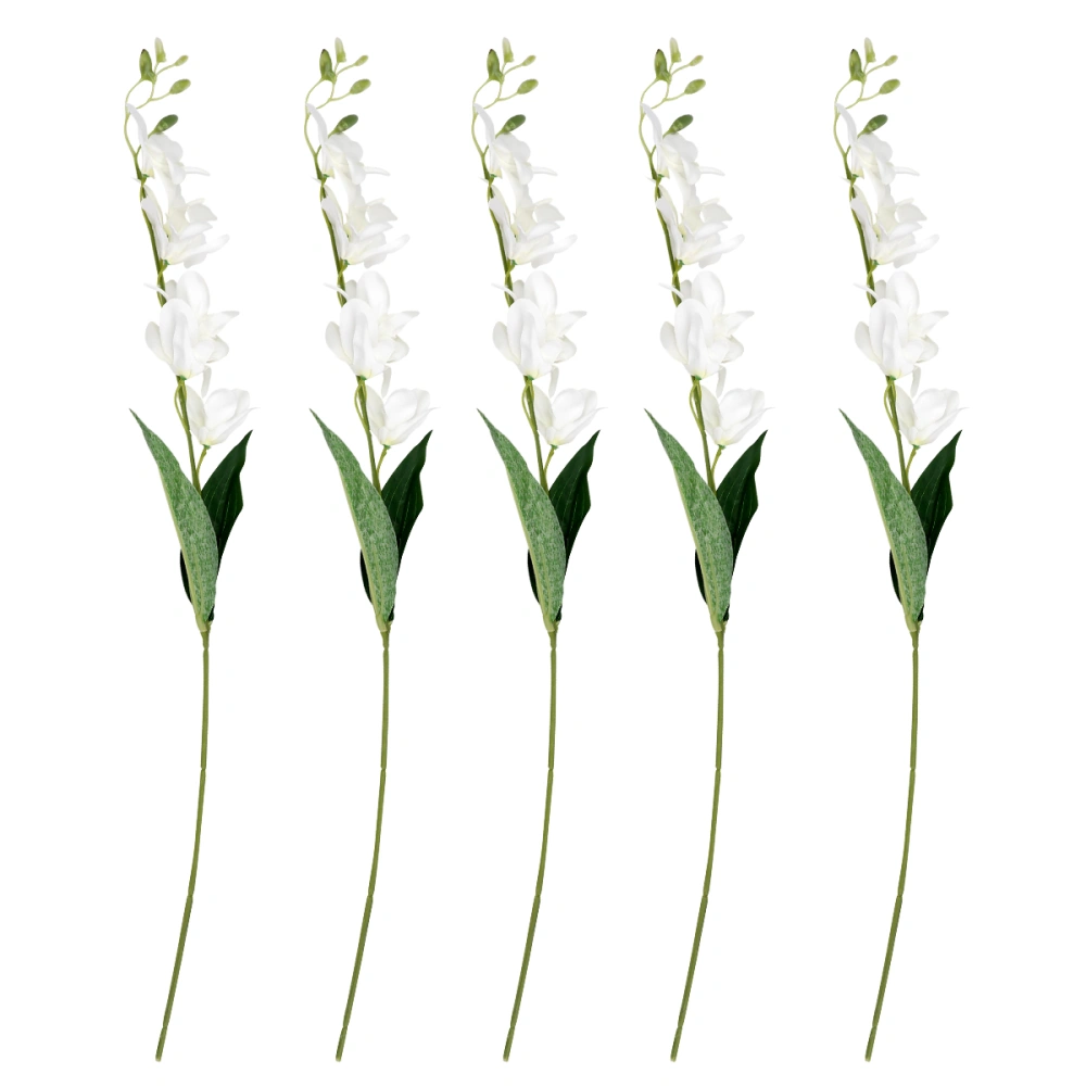 5Pcs Artificial Orchid Plastic Orchis Home Ornamental Cymbidium Flower Evening Party Decoration Plastic Flower (White)