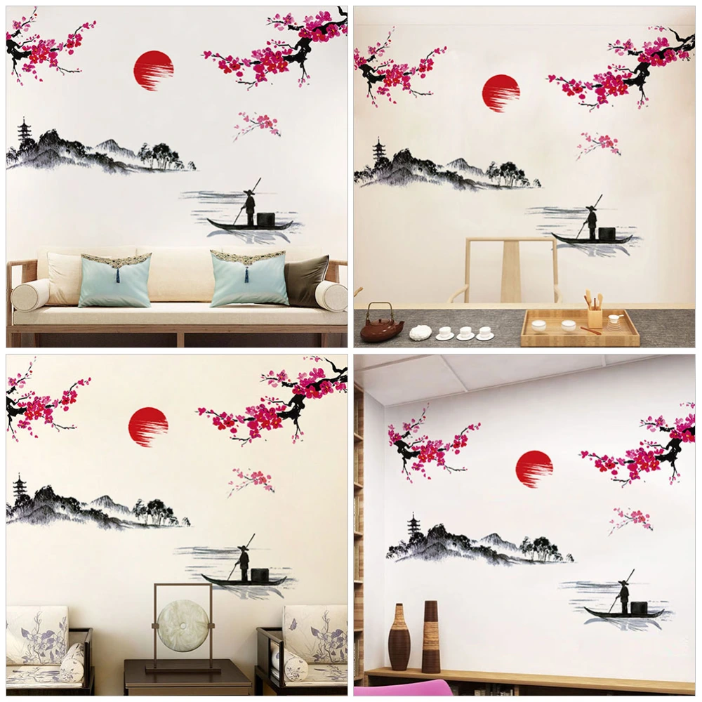 2 Sets Chinese Style Wall Decals Sun Plum Blossom Mountain and River Fisherman Stickers