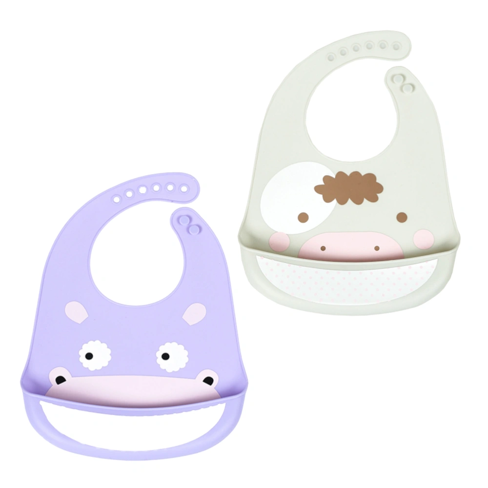 2Pcs Cow Sea Horse Pattern Kids Meal Bib Waterproof Saliva Towel Silicone Baby Bib Protective Eating Apron Grey Purple