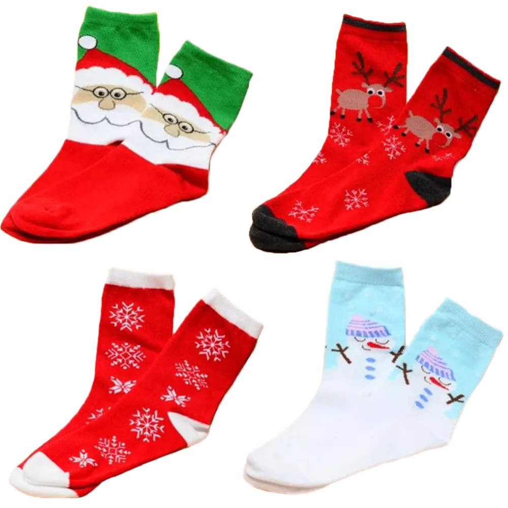 4 Pairs Christmas Women Socks Middle Tube Stockings Winter Cartoon Pattern Socks