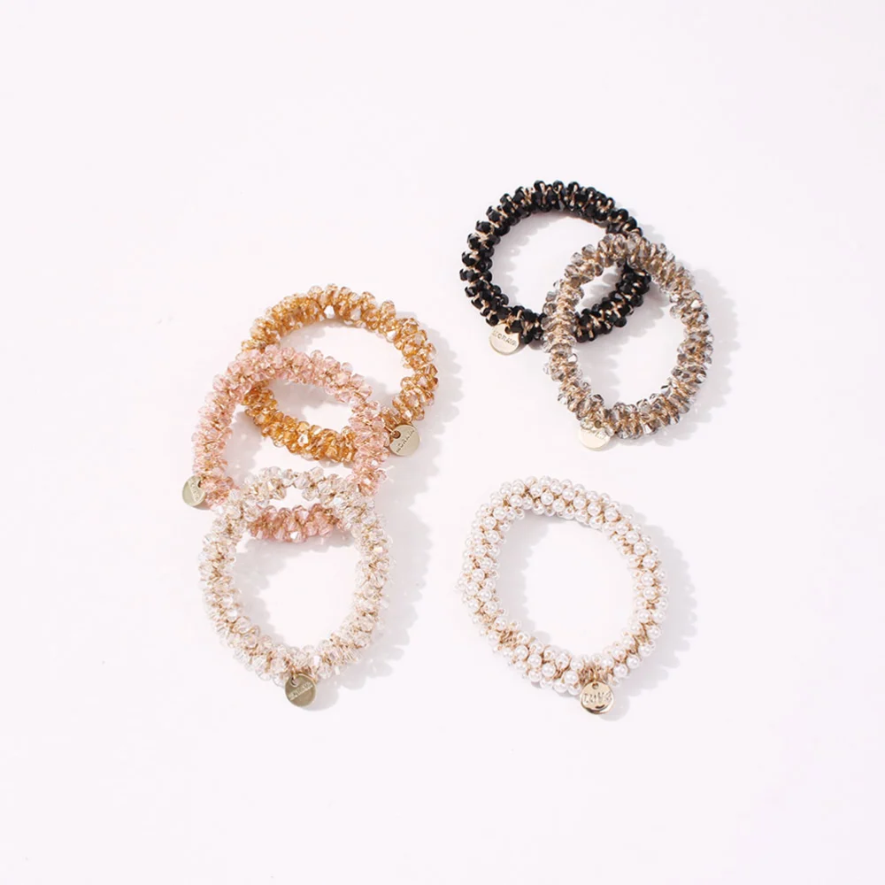 3Pcs Fashion Hair Ties Sweet Imitation Pearl Beads Inlaid High Elastic Ponytail Holders Hair Ropes(Pink+Gray+White)