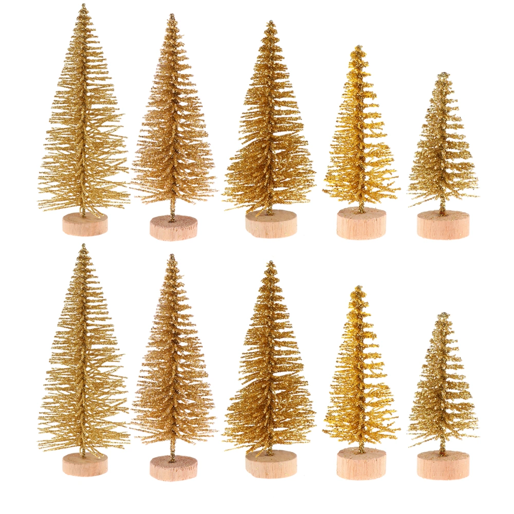 48pcs Golden Lifelike Christmas Tree Ornament Creative Mini Christmas Tree Model Glitter Desktop Decorative Accessory with Wooden Stand