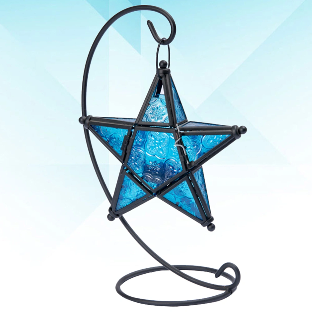 Iron Candle Holder Candlestick Glass Pentagram Aromatherapy Essential Oil Burner Decoration for Living Room Balcony Patio Porch Garden (Blue)