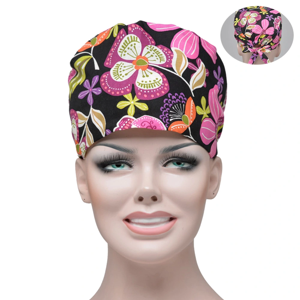 Adjustable Lace-up Strap Cotton Hat Red Flower Printing Doctor Nurse Working Hat Head Protector