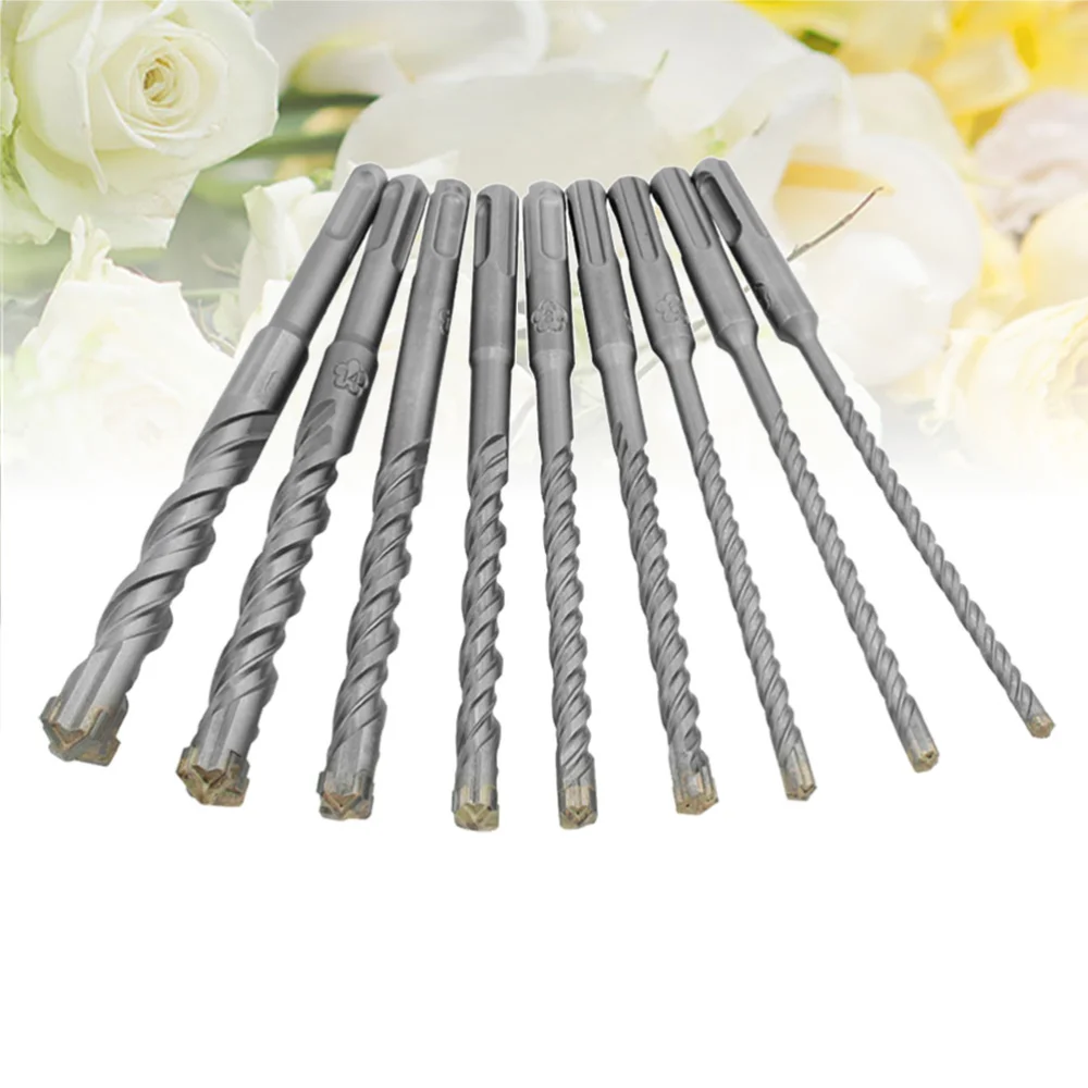 9pcs Long Round Handle Double Groove Cross Electric Hammer Drill Impact Drill Bit Hard Alloy (Silver)