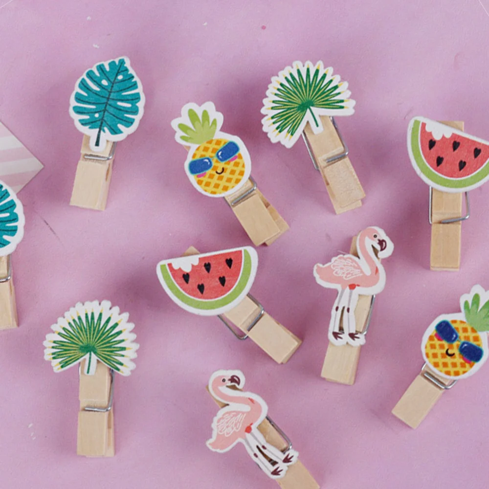 30pcs Fashion Wooden Photo Clips Fruits Flamingo Leaf Note Clamp Creative Picture Clips