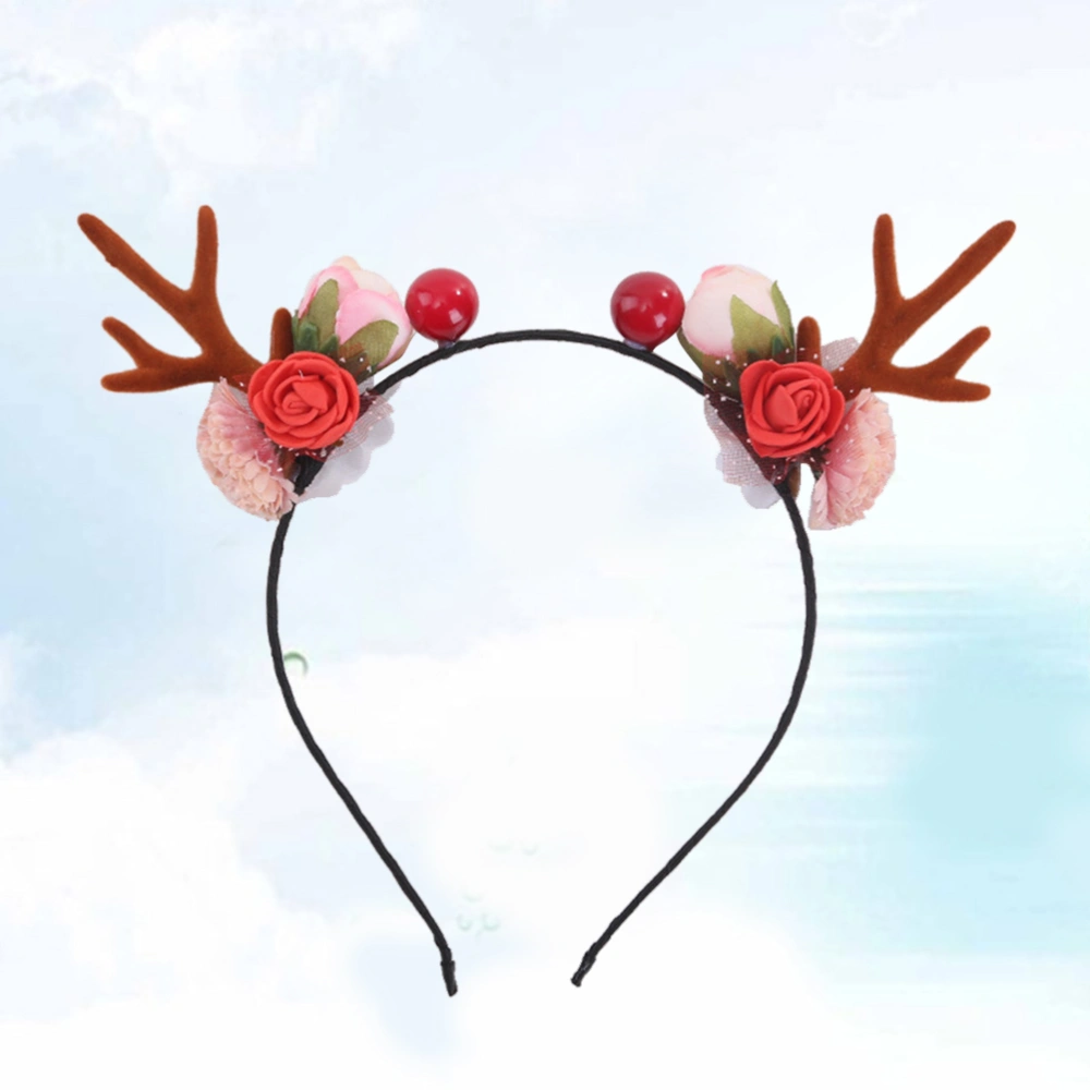 Christmas Red Fruit Antlers Headband Festive Elk Flower Hair Band Cartoon Reindeer Hair for Cosplay Party