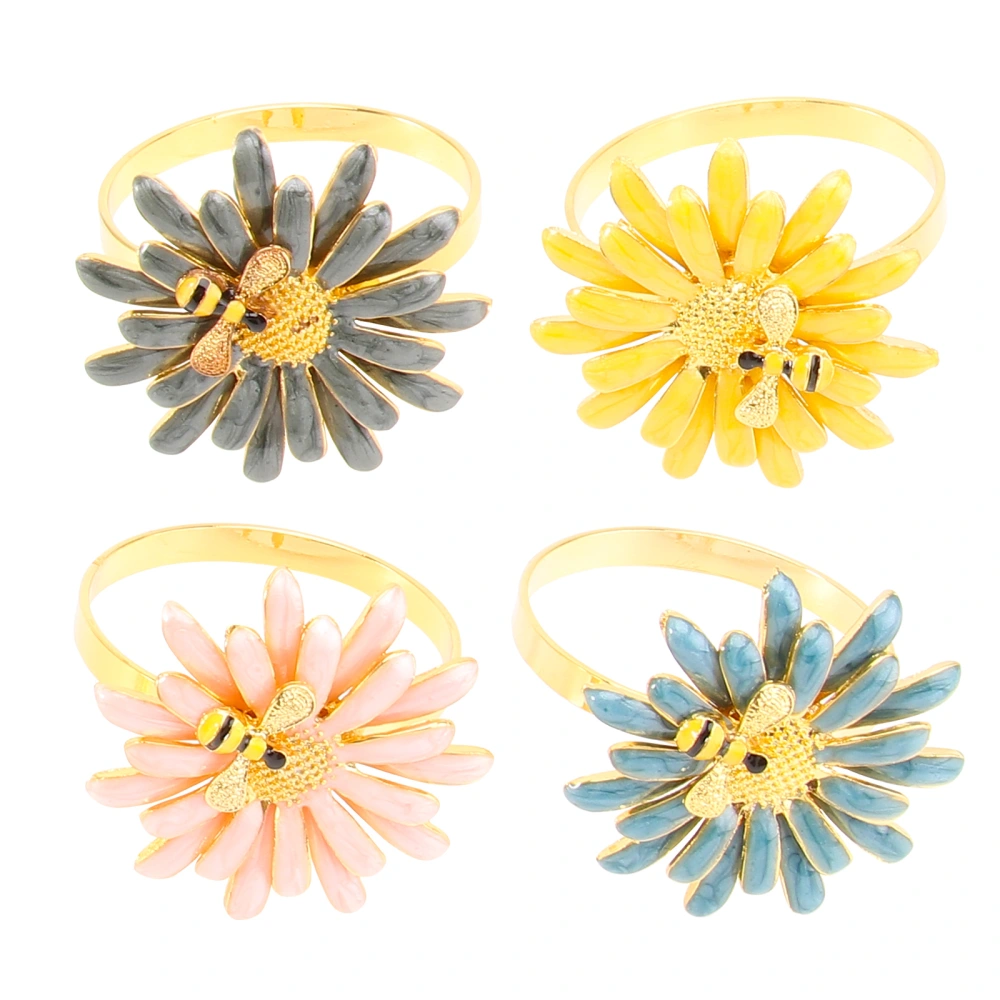 4pcs Napkin Rings Napkin Buckles Bee Flowers Shape Design Zinc Alloy for Dining Table (Mixed Color)