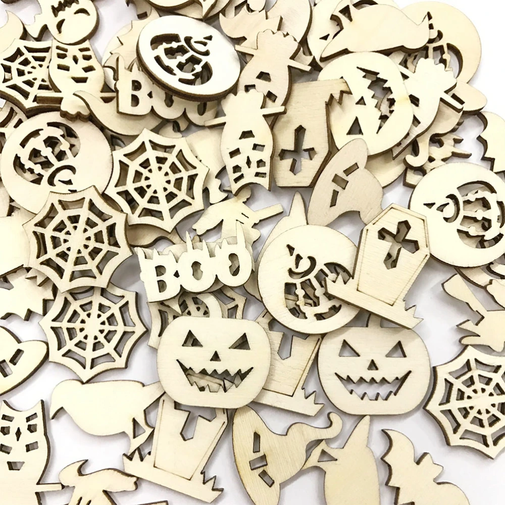 100pcs Halloween Theme Wooden Pieces Creative DIY Graffiti Wood Crafts Painting Wood Chips Decor