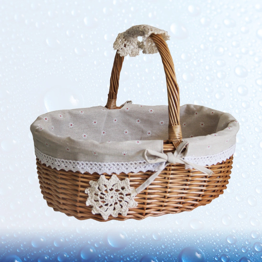 1Pc Wicker Basket Woven Storage Basket Linen Lace Storage Holder Picnic Basket Container Wicker Food Tray Decorative Wedding Basket Organizer (Khaki Grey Size S)