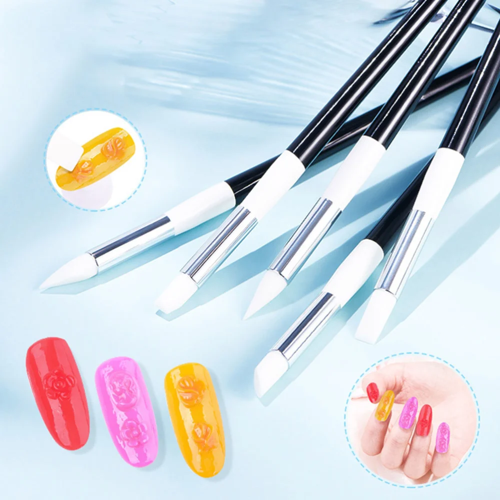 5Pcs Nail Pen Brushes Silicone Manicure Brush Nail Carving Tools DIY Nail Art Supplies for Home Shop(Black White)