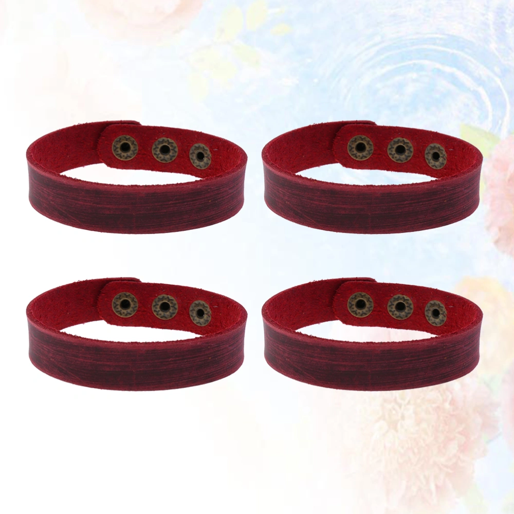 4PCS 1.6CM DIY Cowhide Bracelet Simple Plain Leather Bracelet Creative Hand Chain DIY Wrist Bangle Decor Unisex Wrist Jewelry Supplies for Women Man Wearing (Retro Claret Red)