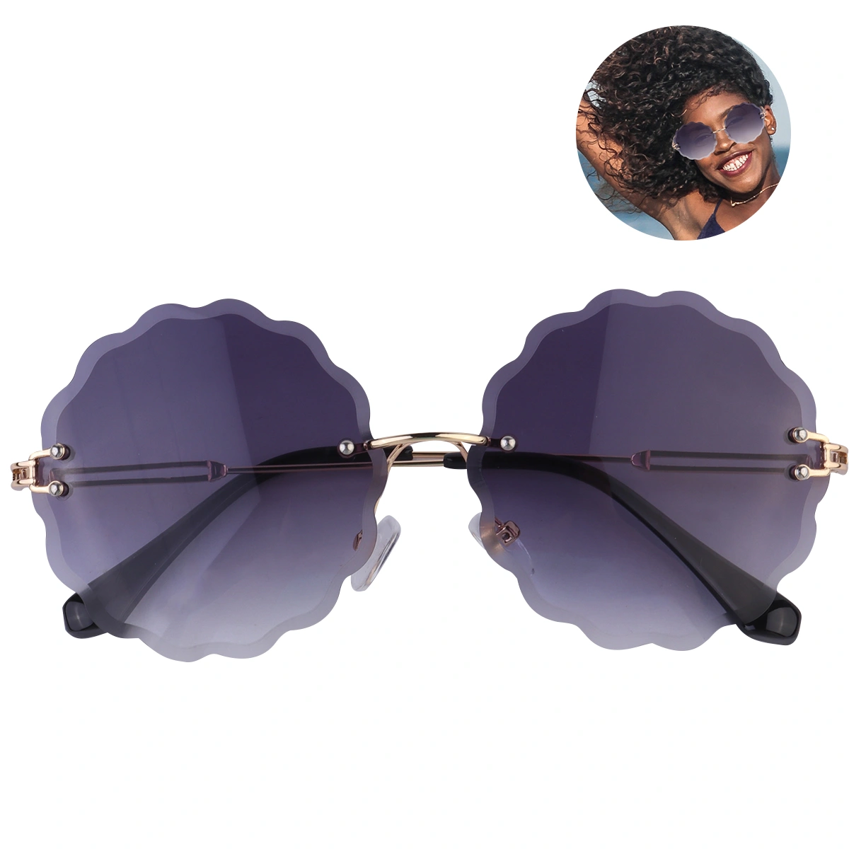 1Pc Fashion Metal Frameless Sunglasses Petal Brimless Eyeglasses Decorative Vacation Glasses Women Beach Eyewear (Gold Frame, Gradient Gray)