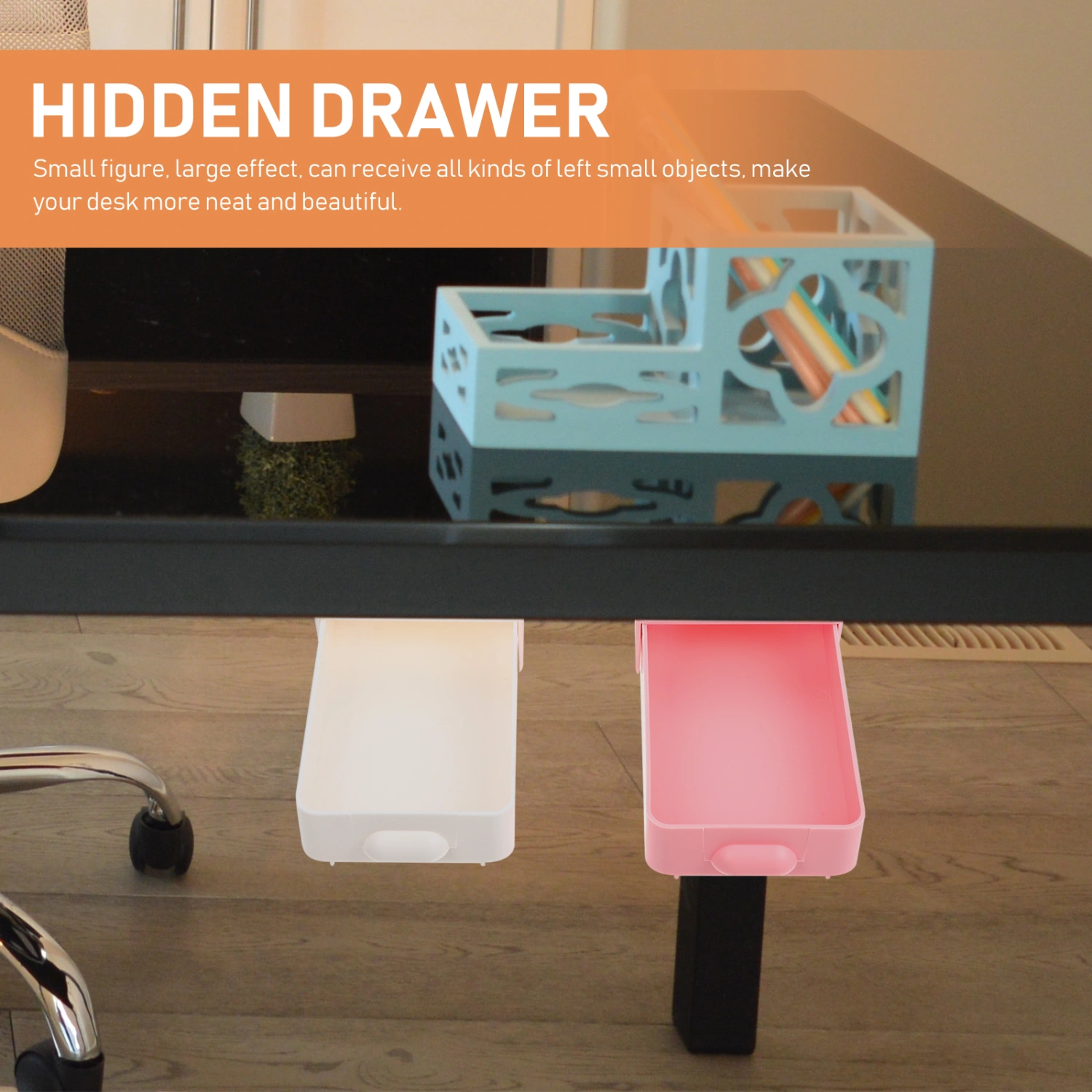 2pcs Under Table Organizer Drawer Type Box Hidden Stationery Storage Box