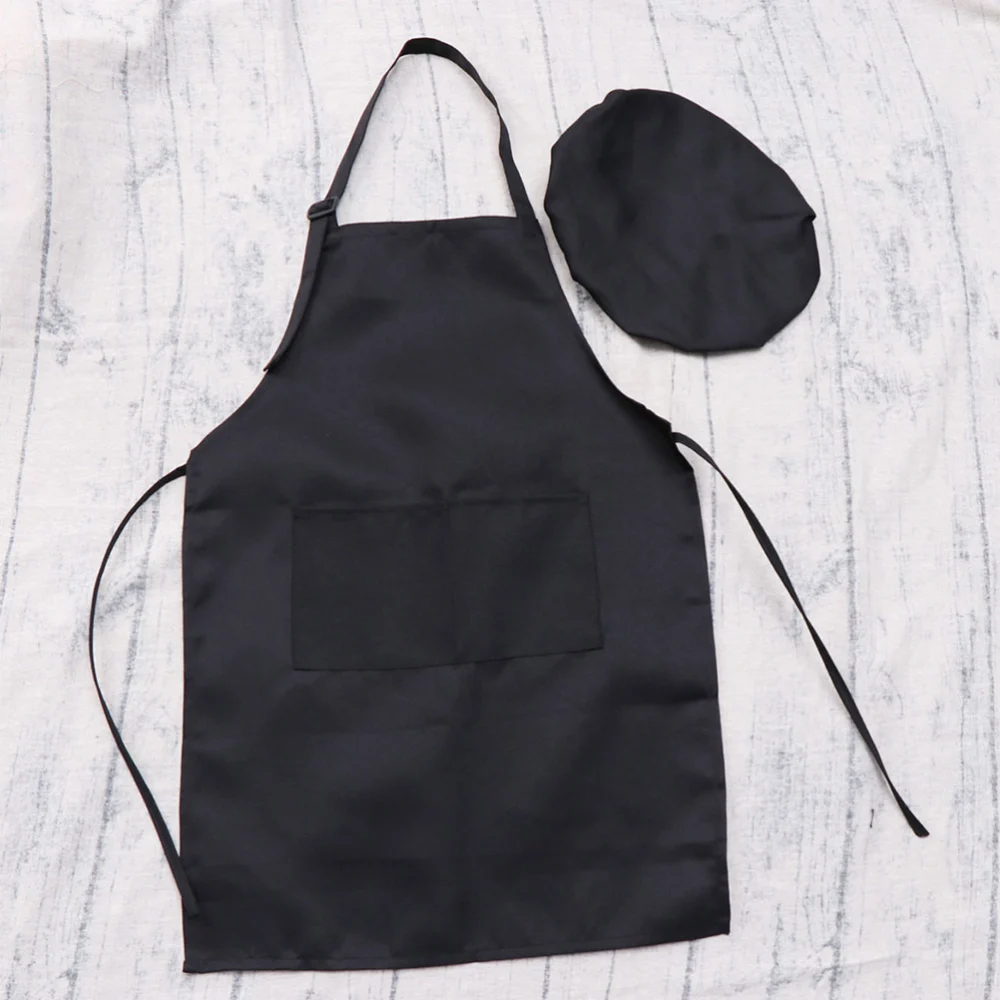 1 Set of Children Apron Hat Kindergarten Baking Art Aprons Kitchen Cooking Bibs Apron Black Size L (Black Apron, Chef Hat)