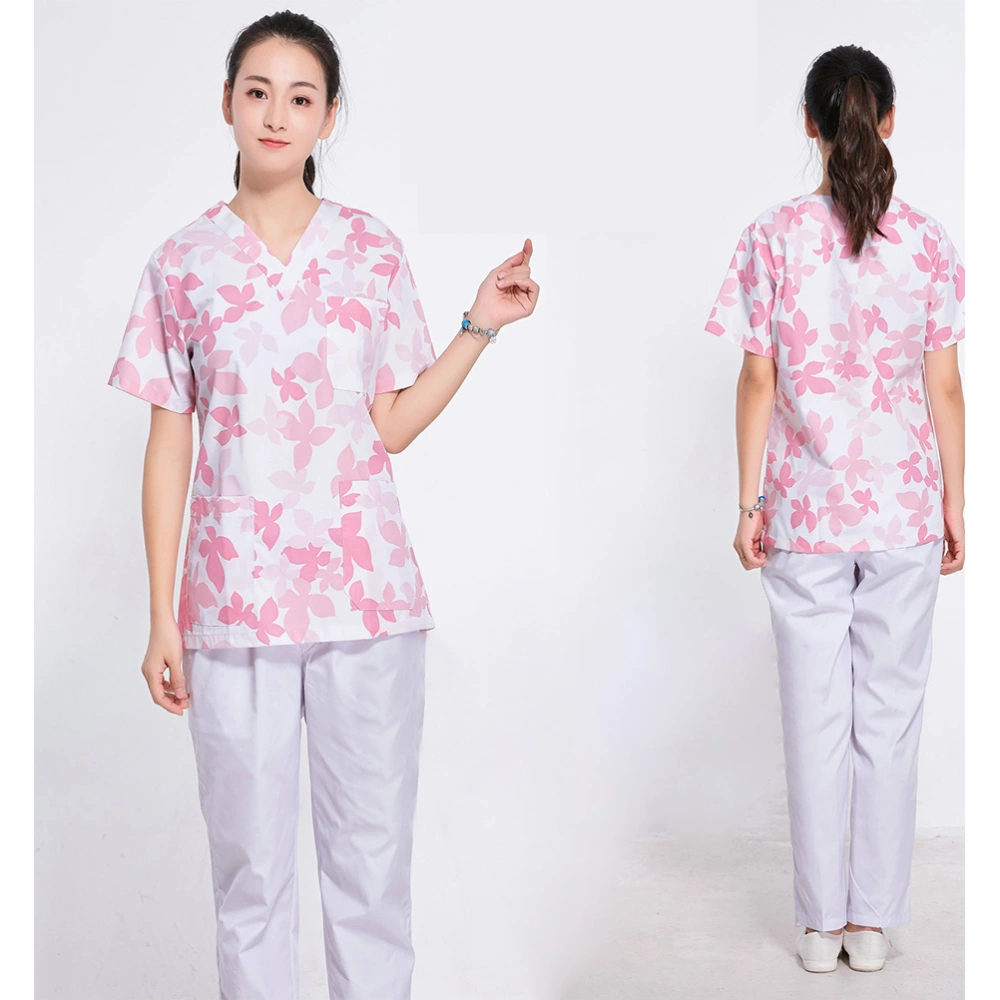 1 Set Maple Pattern Cotton Short Sleeve Hospital Working Uniform Two-Pieces Clothes Fashion V Neck Labour Costume for Beautician Nurse Clinic (Pink, Size XL)