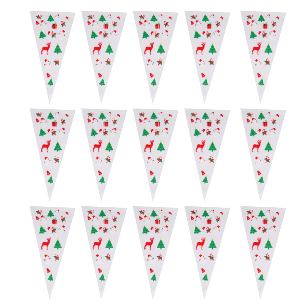 100pcs Christmas Cone Shaped Candy Bag Printing Triangle Treat Bags Plastic OPP Cello Bags Gift Favors Food Packaging Bag Christmas Supplies with Ties