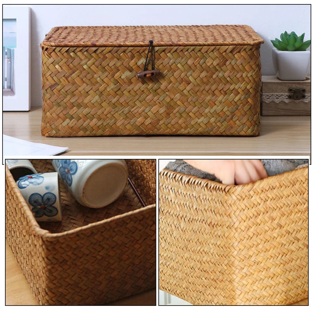 2PCS Straw Rectangular Storage Box Tea Set Snack Storage Basket Fruit Basket