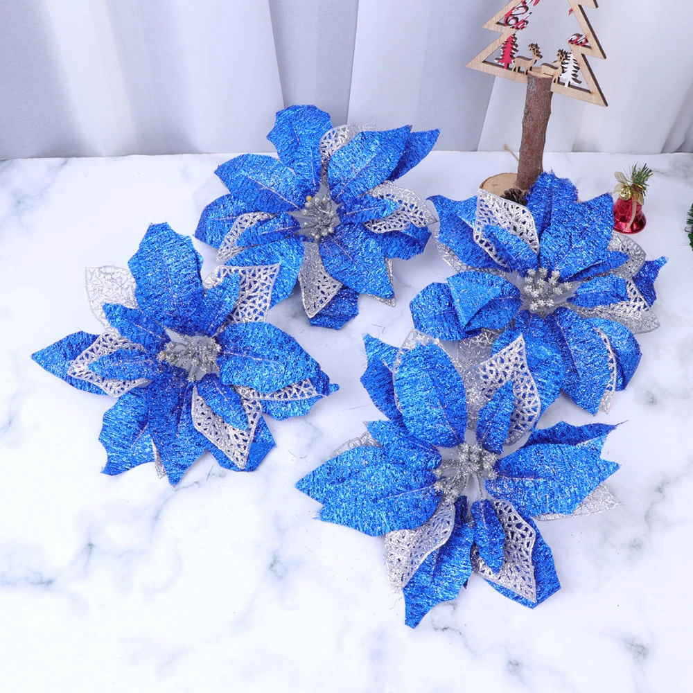 4pcs Fake Vivid Flower Decoration DIY Christmas Ornament Simulation Flower Adornment for Party Christmas (Blue)