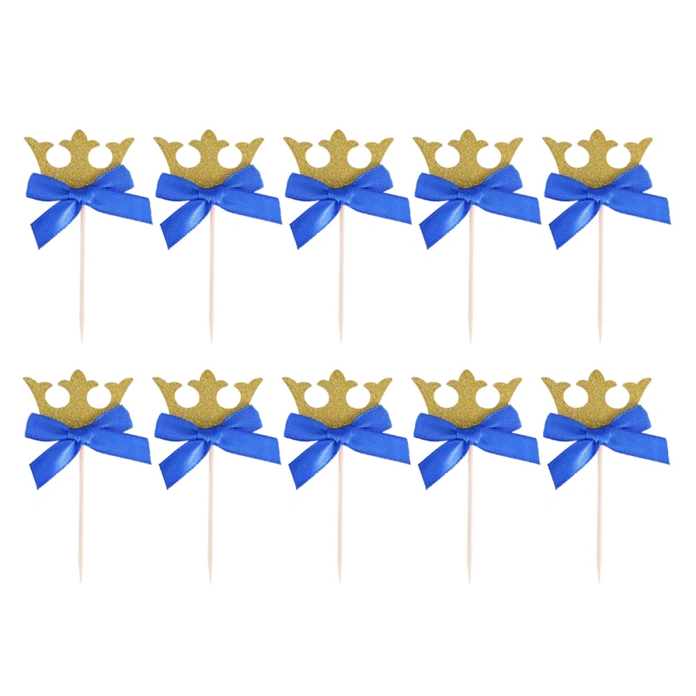 10PCS/Set Children's Birthday Party Theme Crown Bow Cake Decor Insert Cake Topper(Golden+Blue)