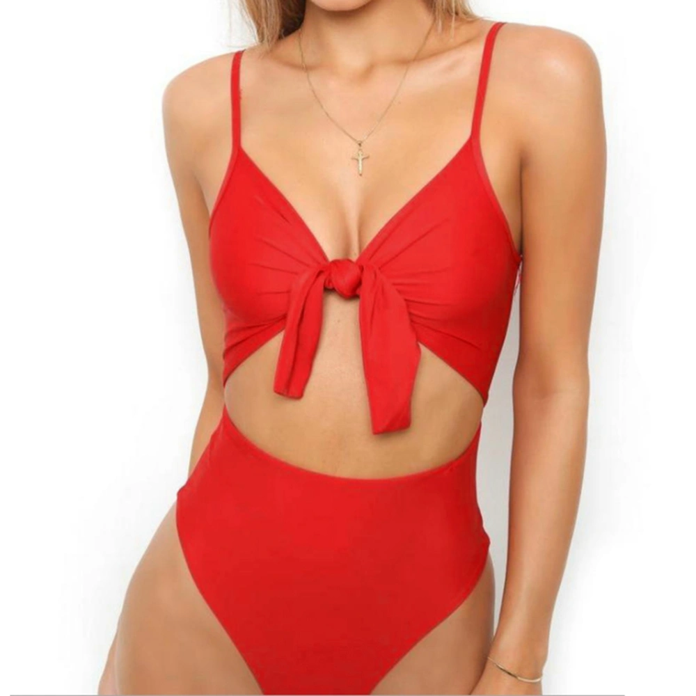 Women One Piece Bikini Swimsuit Beachwear Tie Knot Front Sexy Padded High Waist Swimwear Bathing Suit - Size S(Red)