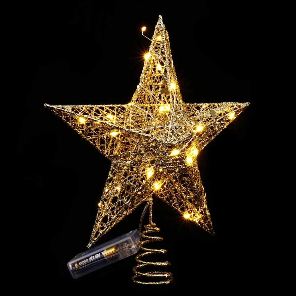 1 Set Golden Star Christmas Tree Topper Star Treetop Decor with LED String Light