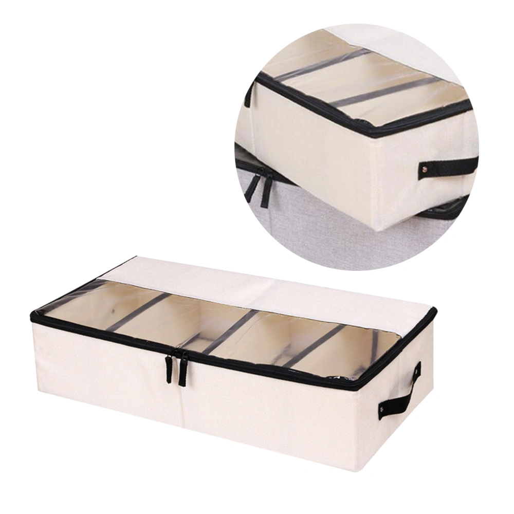 Foldable Shoes Storage Box with Compartments Dustproof Underbed Storage Bin Assembled Organizer for Blanket Clothes (Beige)