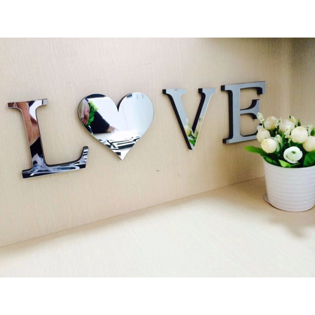 Removable Love Letters Mirror Wall Stickers Modern Acrylic Stickers Art Mural Home Decor (Silver V)