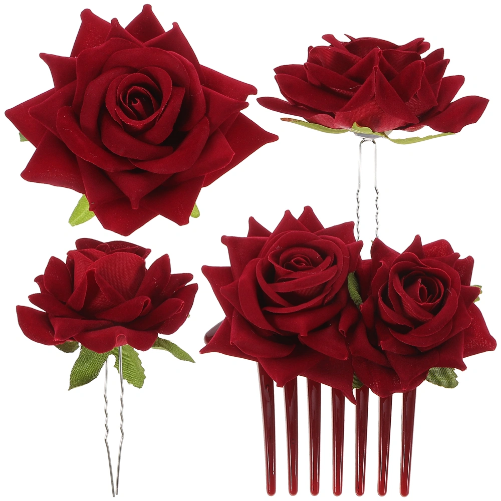 1Set Artificial Rose Bobby Pin Fashionable Bride Wedding Hair Accessory (Red)