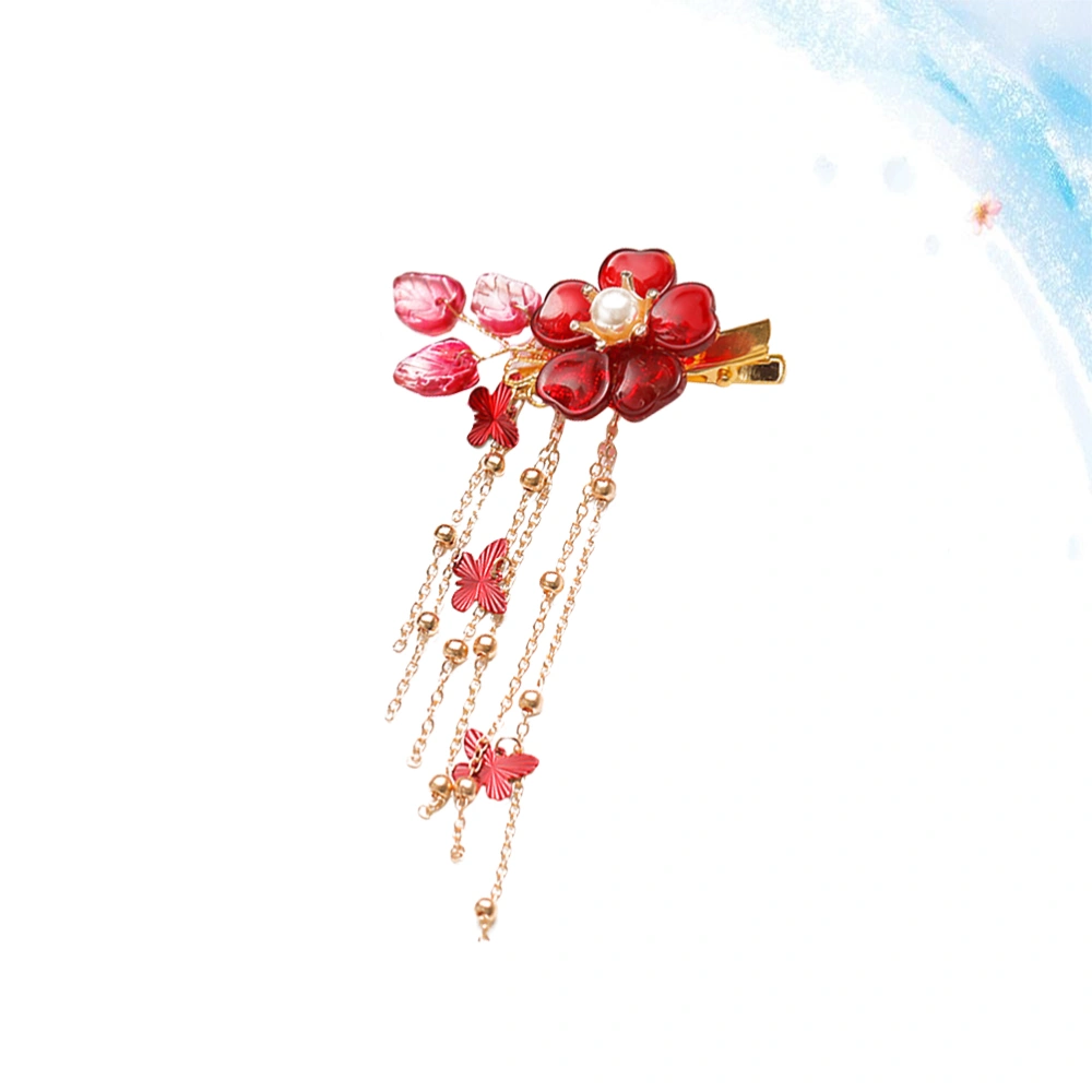 Tassels Hair Clips Flower Design Hair Clips Antique Style Flower Tassel Hairpin Wild Hanfu Accessories (Red)