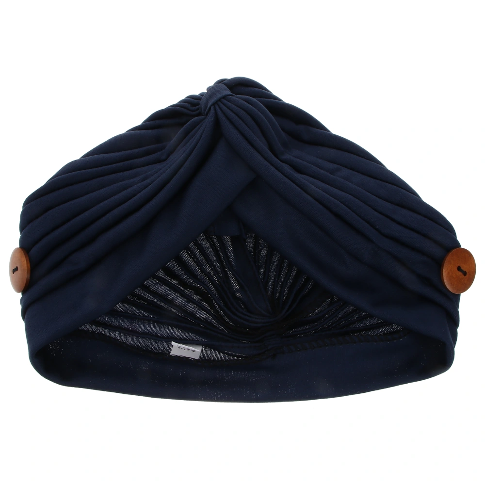 Navy Women Head Wrap Turban Hat Polyester Stretch Chemotherapy Headwrap with Holding Mask Non-slip Button(Mask Not Included)