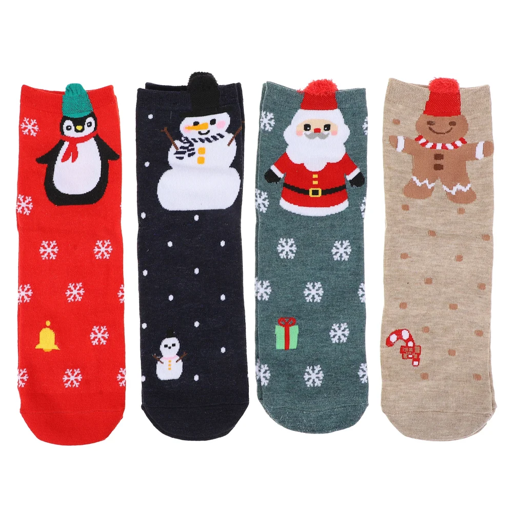 4 Pairs of Adorable Cartoon Christmas Socks Winter Cotton Socks for Female