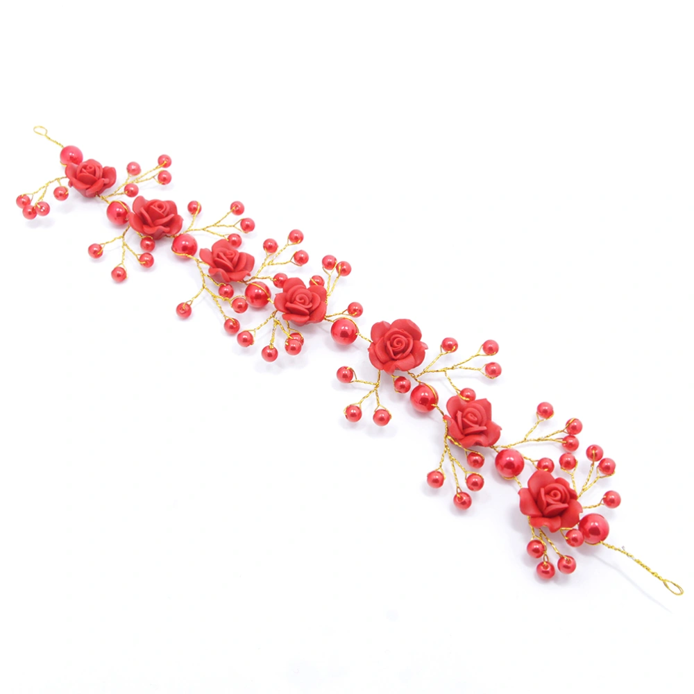 Polymer Clay Rose Headwear Handmade Pearl Flower Headband Hair Accessory Headpieces for Wedding Bridal Decoration (Red)