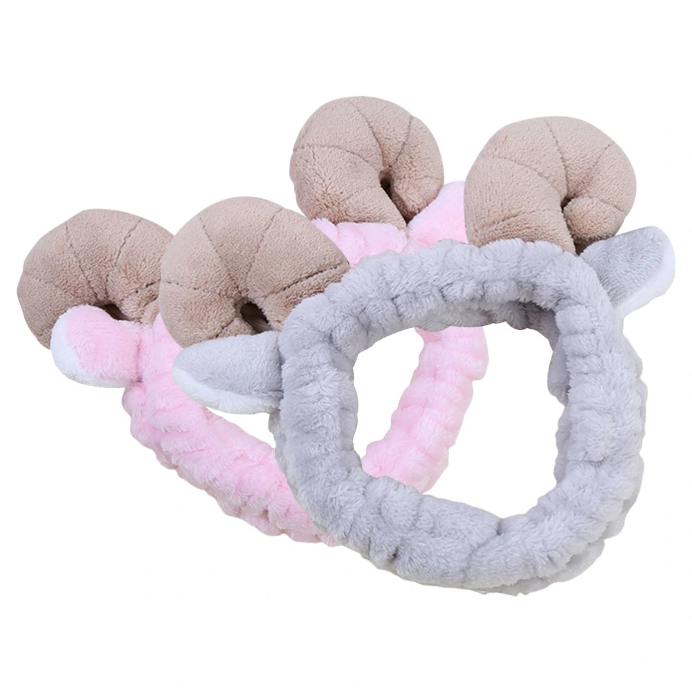 2pcs Plush Sheep Ears Headband Elastic Makeup Shower Wash Face Hair Band Headwrap (Grey + Pink)