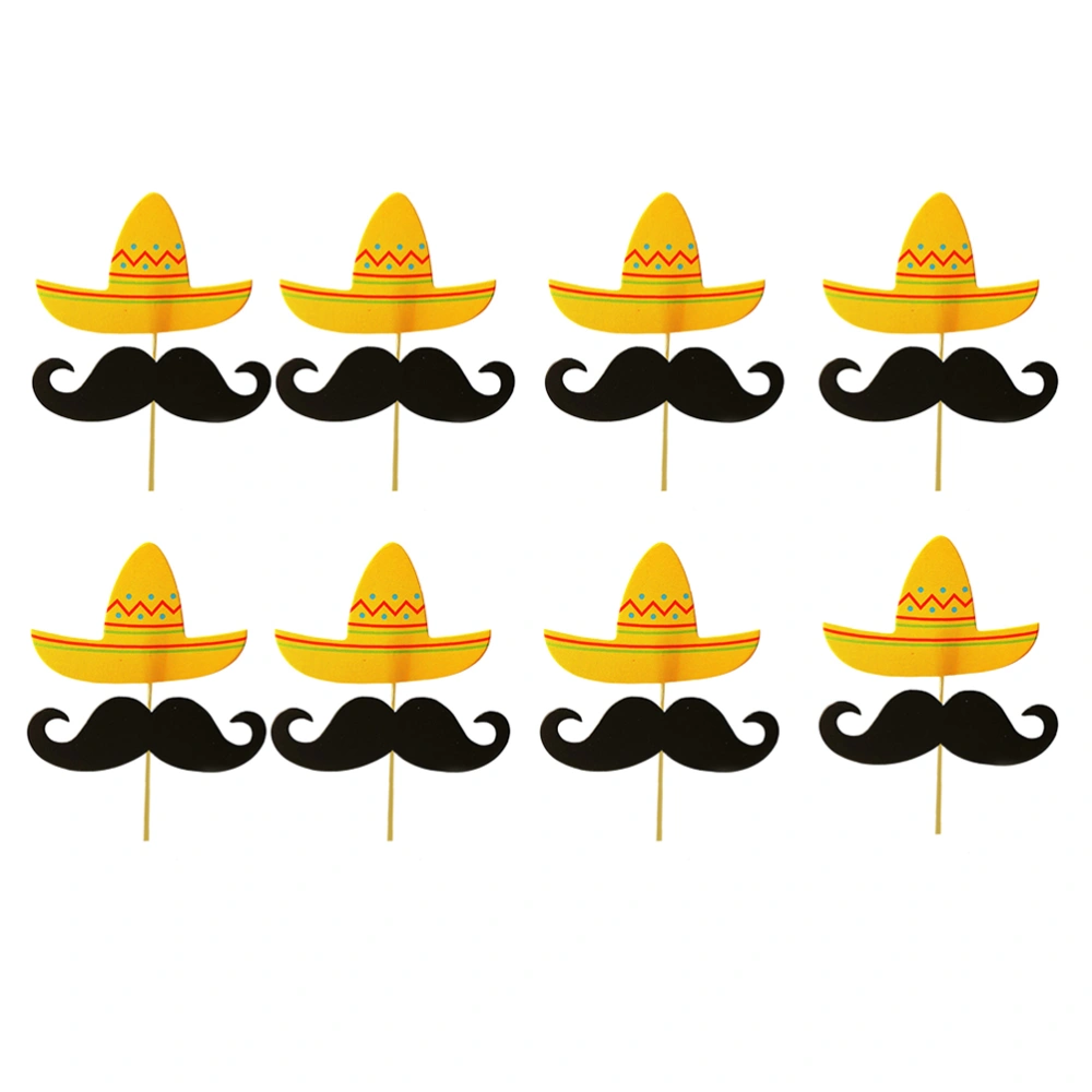 24pcs Mexican Carnival Mustache and Hat Cake Toppers Cupcake Toppers Party Cake Ornament Supplies Table Decoration for Baby Birthday