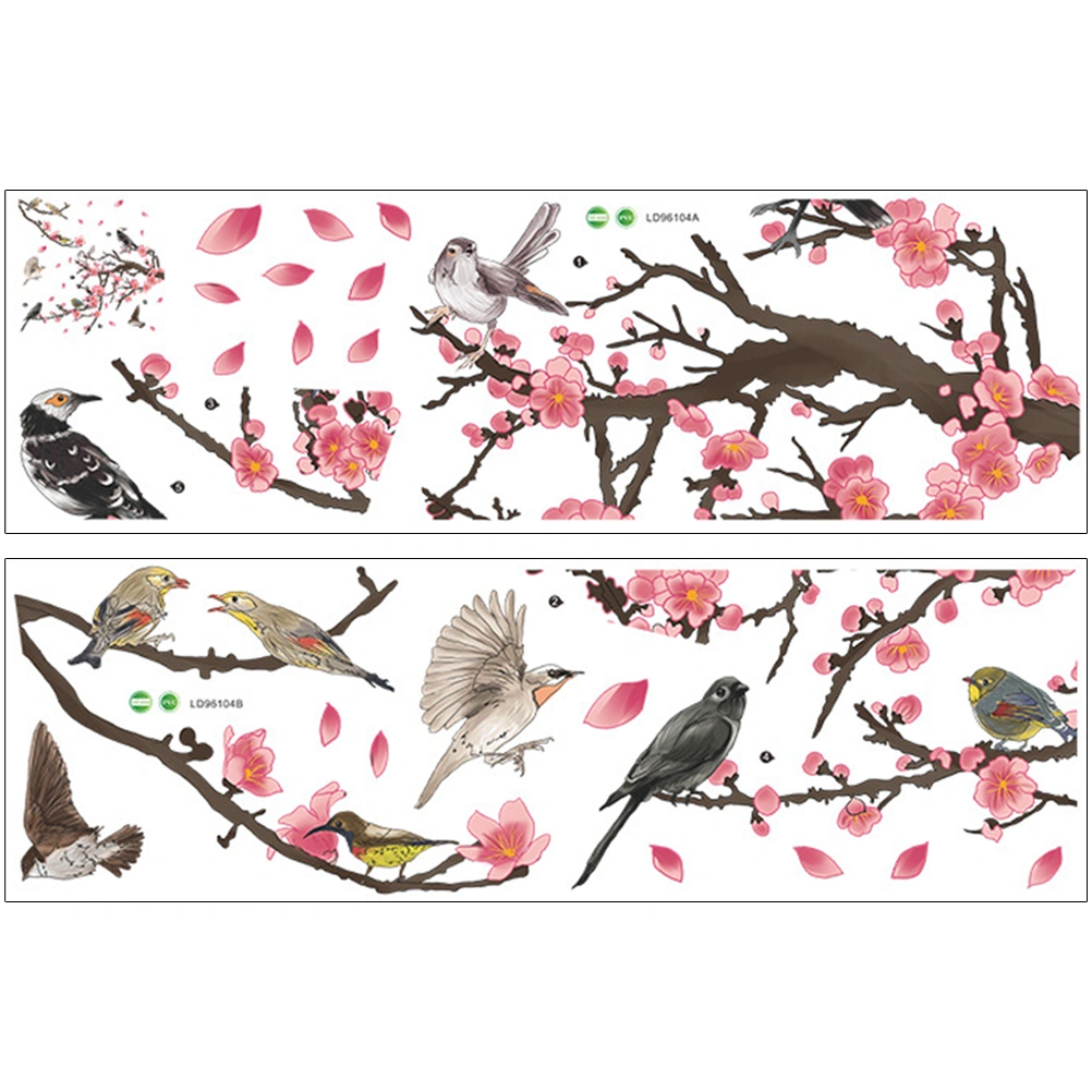 2pcs Flowers Branches Birds Wall Decals Bedroom Wall Stickers Decorative Decals