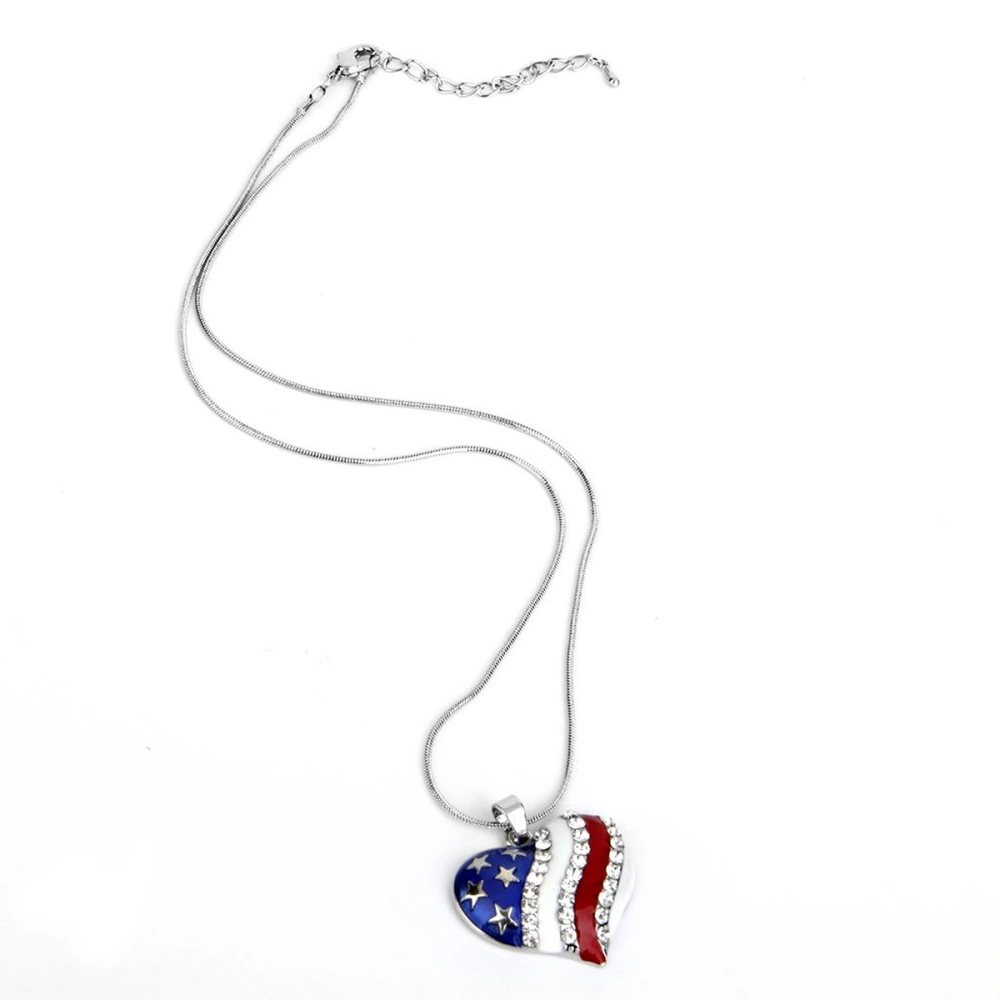 America USA Flag Heart Rhinestone Decorated Pendant Necklace