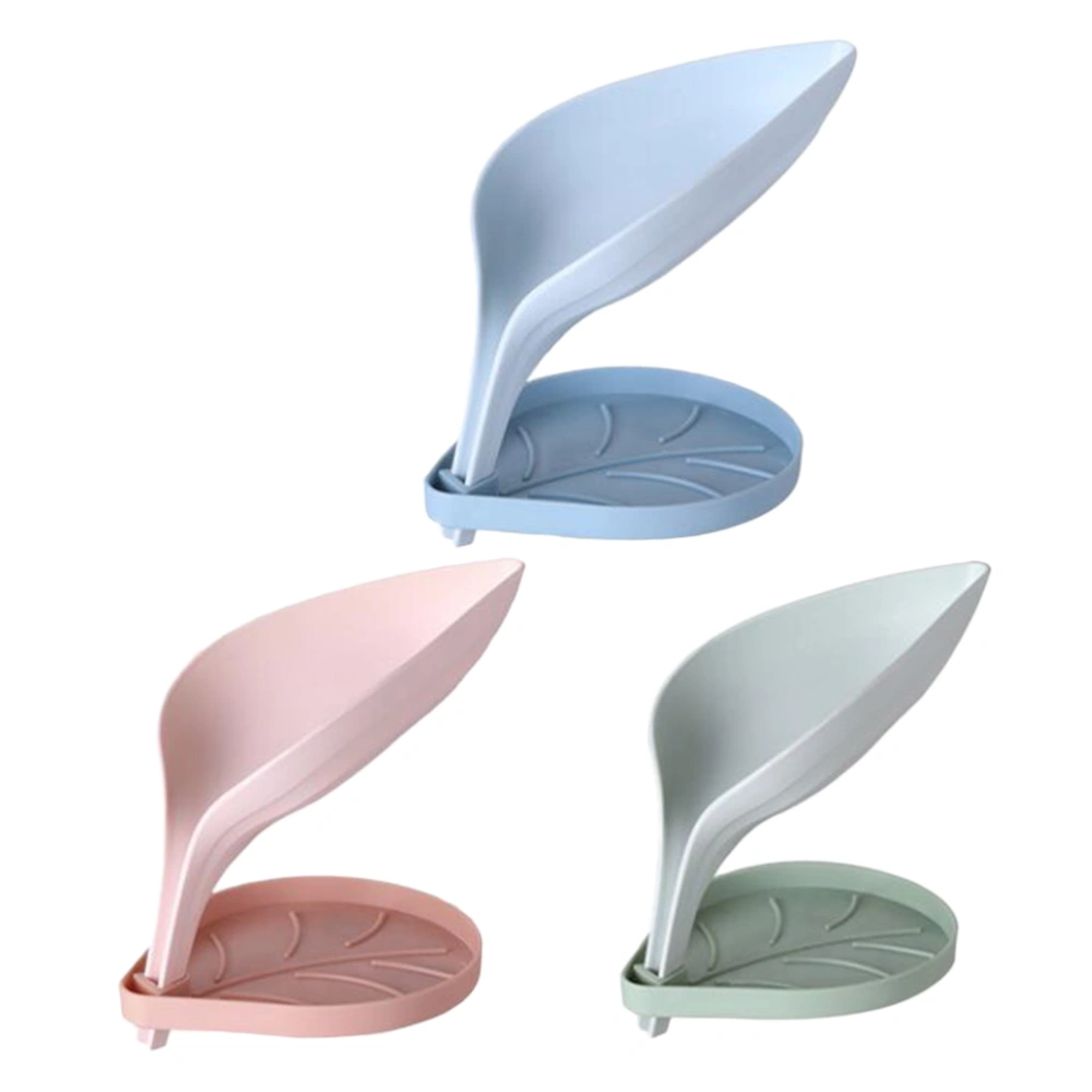 3pcs Solid Color Soap Tray Leaf Shaped Soap Case Doudle Layer Soap Holder Kitchen Bathroom Accessories (Green Blue Pink)