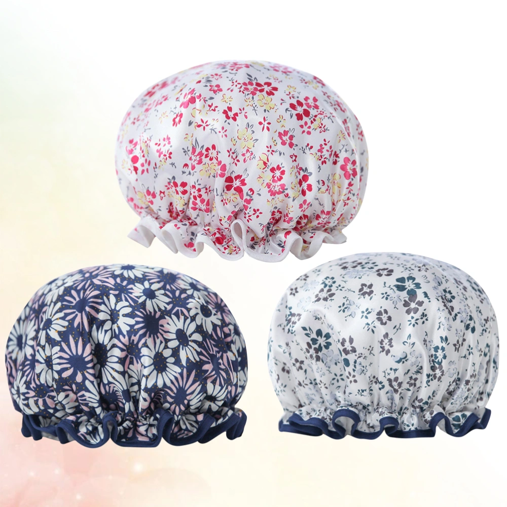 3Pcs Waterproof Shower Caps Printed Double Layer Bathing Caps Thicken Bathing Caps Women Salon Hats Bathroom Accessories for Home (Red Flower, Navy Blue Small Flower, Navy Blue Large Flower)