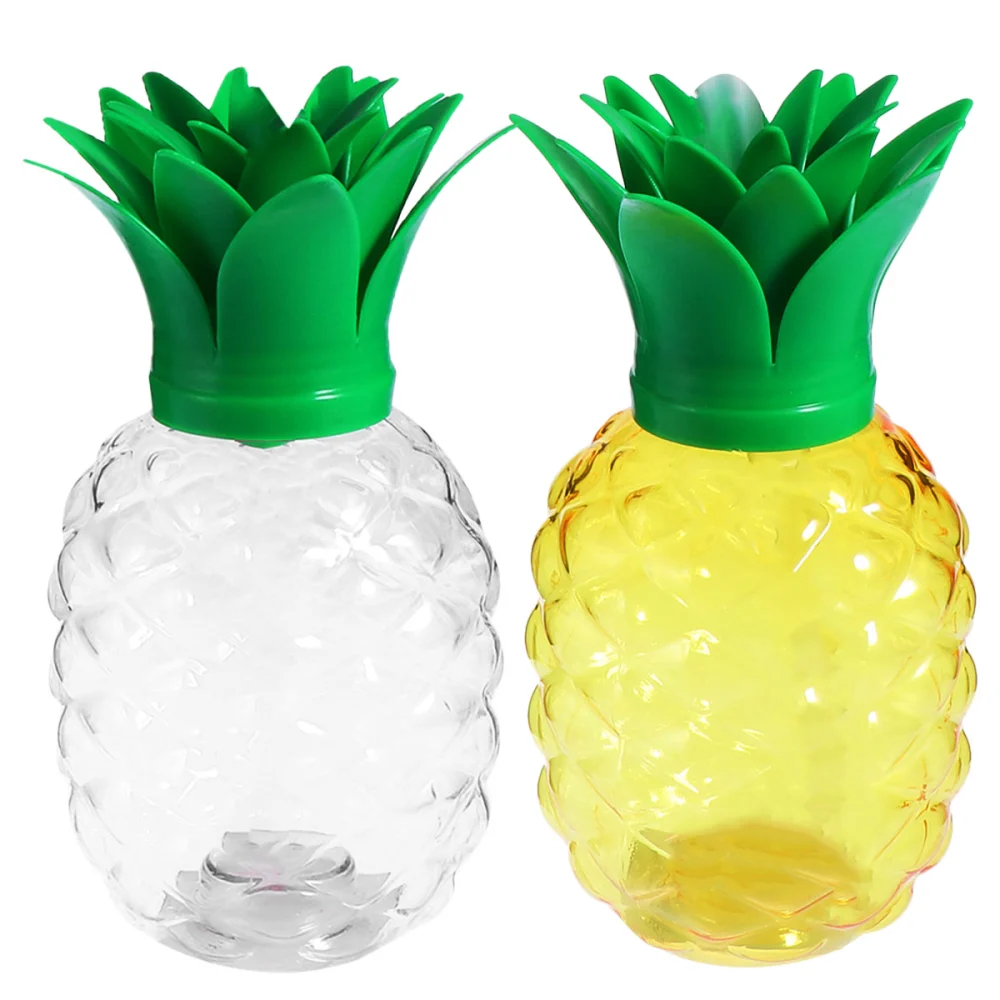 2pcs 500ML Creative Pineapple Shape Drink Cups Disposable Transparent Plastic Straw Cups Party Mug Set with Attached Straw Lid for Luau Beach Party Drinking (No Included Straw, Random Color)