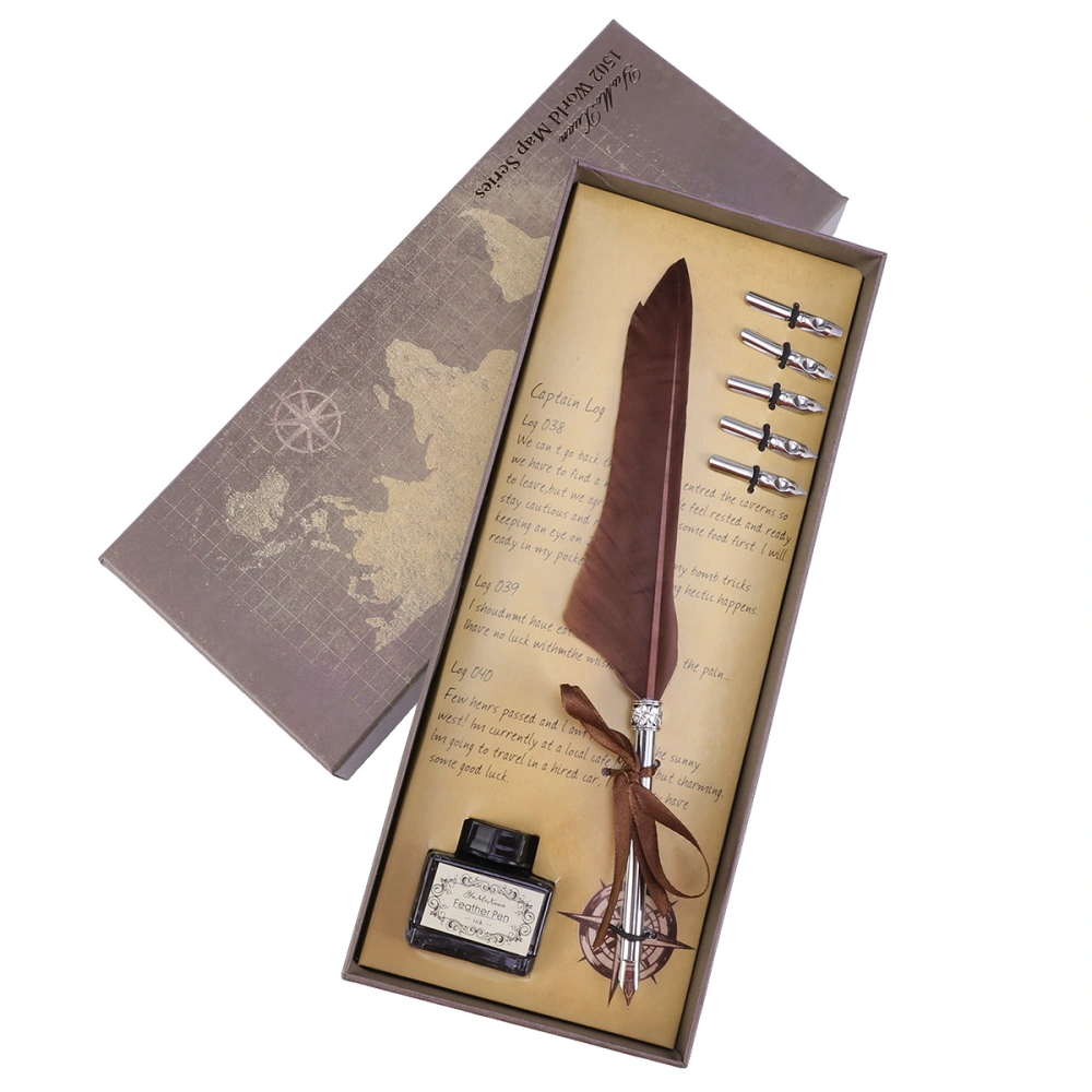 1 Set Retro Feather Pen Classic Beautiful Feather Decor Pen Gift with A Box of Ink for Office Store (Brown)