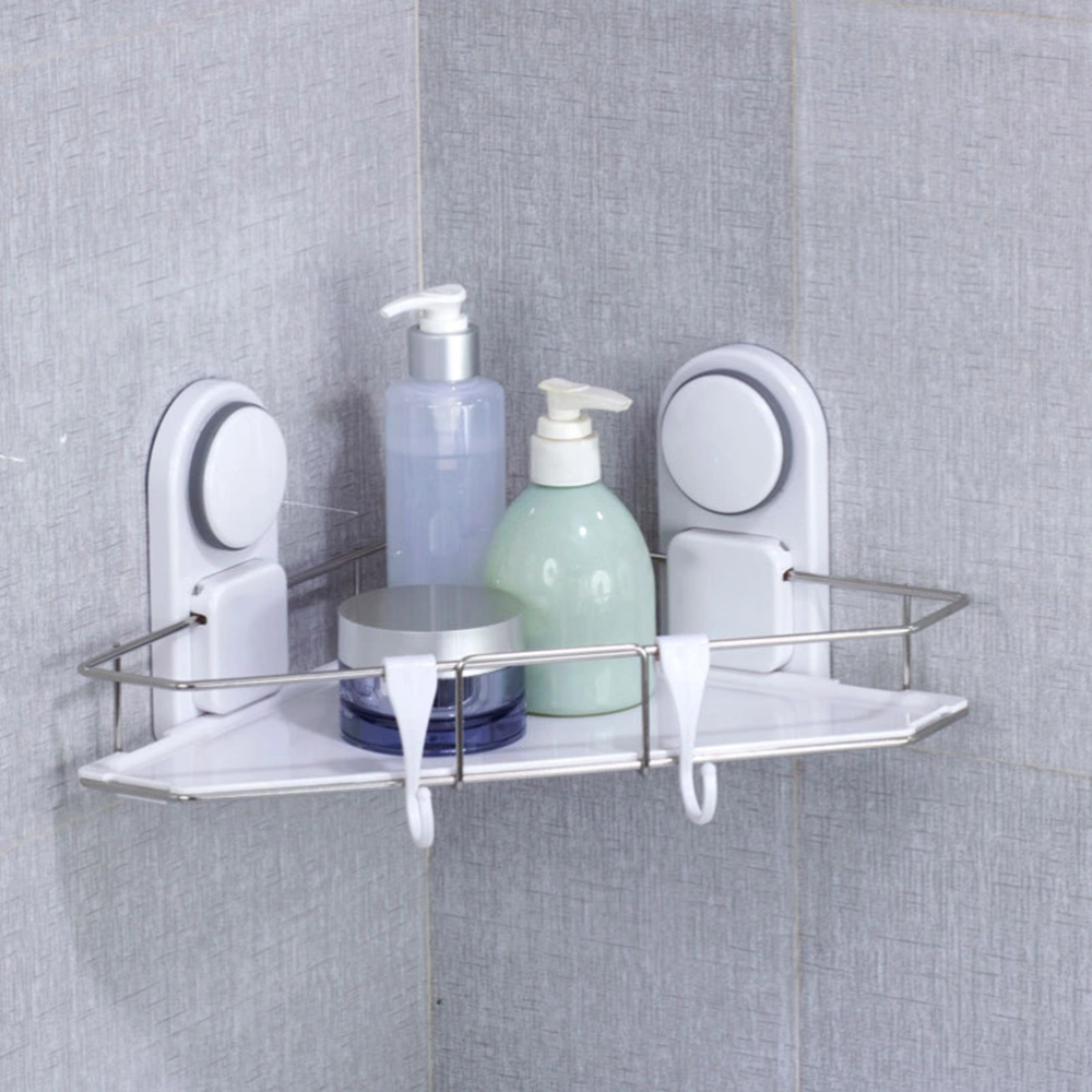 Bathroom No Drilling Shower Corner Basket Suction Cup Plastic and Stainless Steel Kitchen Storage Shelf Triangle Shelf Wall Mounted Shower Storage Caddy Shelf Organizer for Kitchen Toilet