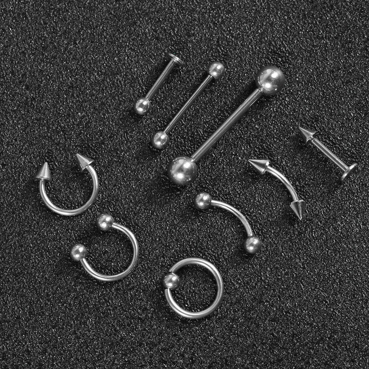 9pcs of One Set Delicate Curved Ring Labret Piercings Jewelry Metal Tongue Pin Simple Body Jewelry Set (Steel Color)