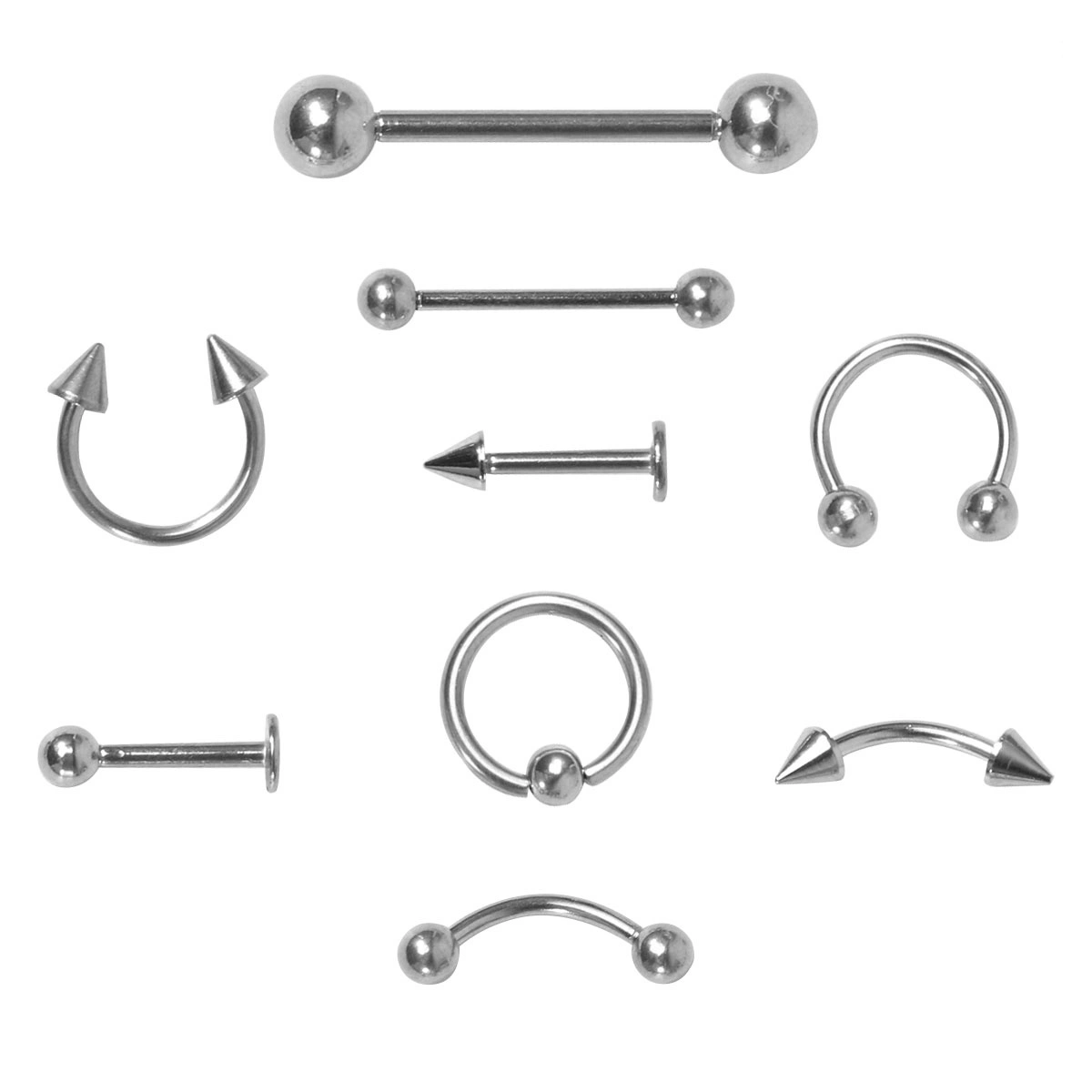 9pcs of One Set Delicate Curved Ring Labret Piercings Jewelry Metal Tongue Pin Simple Body Jewelry Set (Steel Color)
