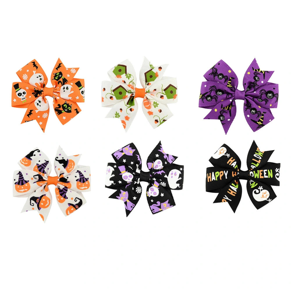 6pcs Halloween Themed Hair Clips Cloth Bowknot Cartoon Printed Barrettes Bobby for Children Kids (Mixed Style)