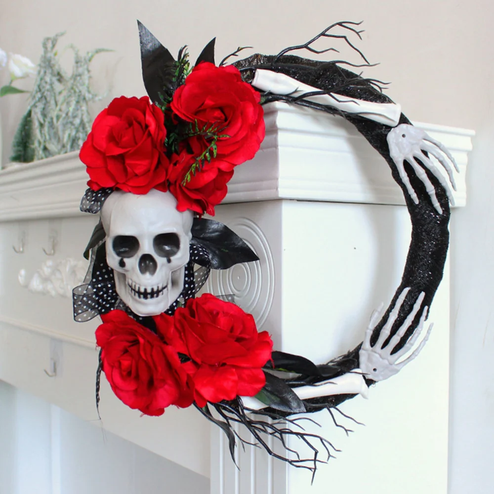 Scary Skeleton Wreath Artificial Roses Wreath Front Door Wall Window Wreath