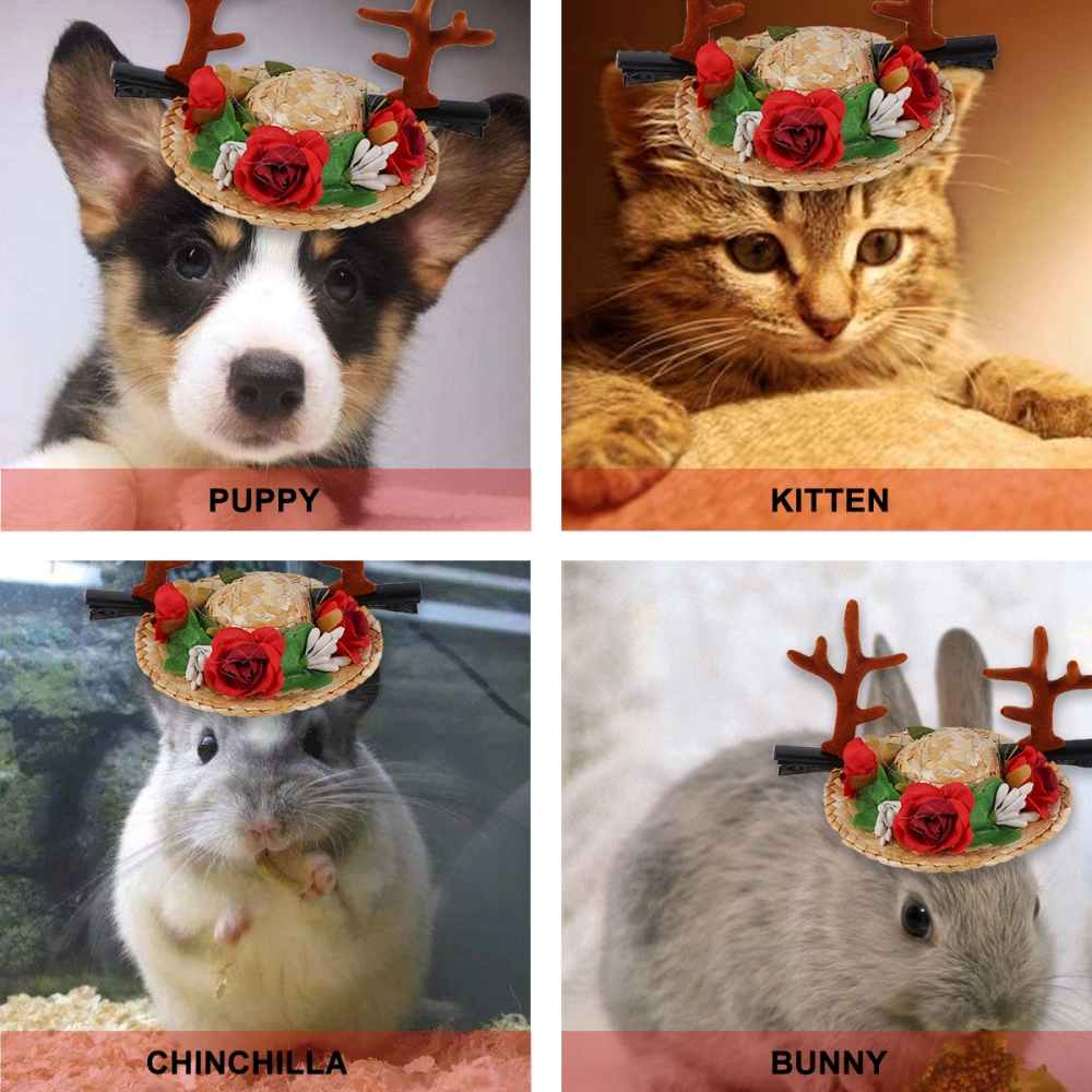 1Pc Pet Hat Straw Woven Decorative Flower Hat Lovely Headwear for Pet Cat Dog Rabbit (Removable Antler Flower Hat Size XS)